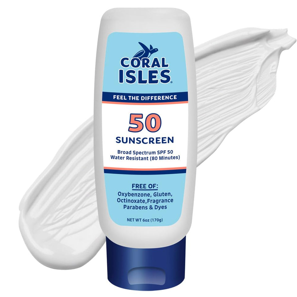 Coral Isles front packaging 6oz showing SPF 50 and reef-safe benefit