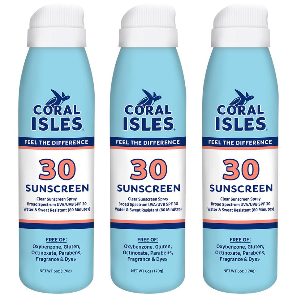 Coral Isles front packaging spray showing SPF 30 and reef-safe benefit