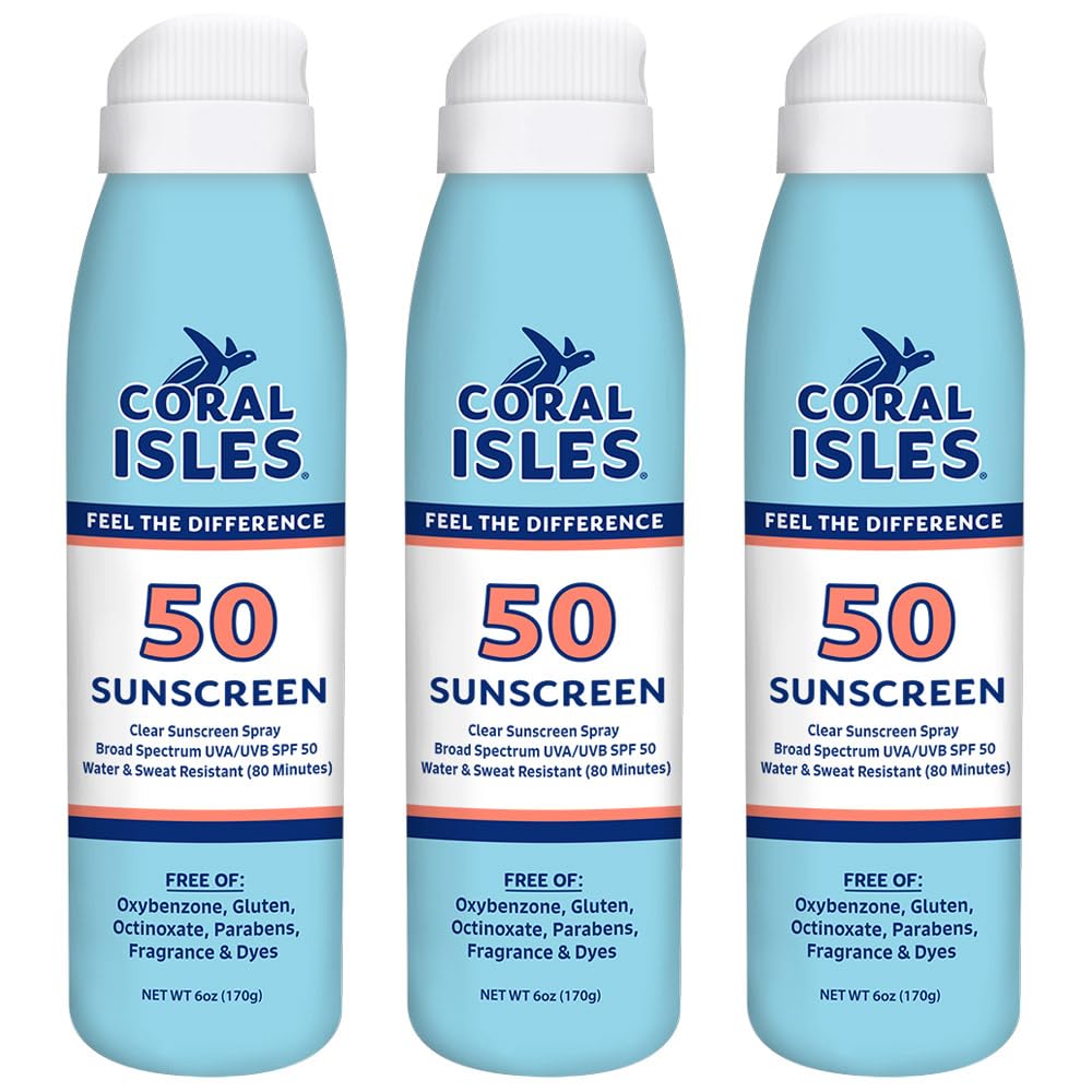 Coral Isles front packaging showing three 6 fl oz bottles and SPF 50 protection