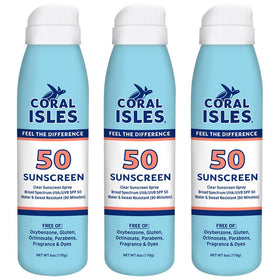Coral Isles front packaging showing three 6 fl oz bottles and SPF 50 protection