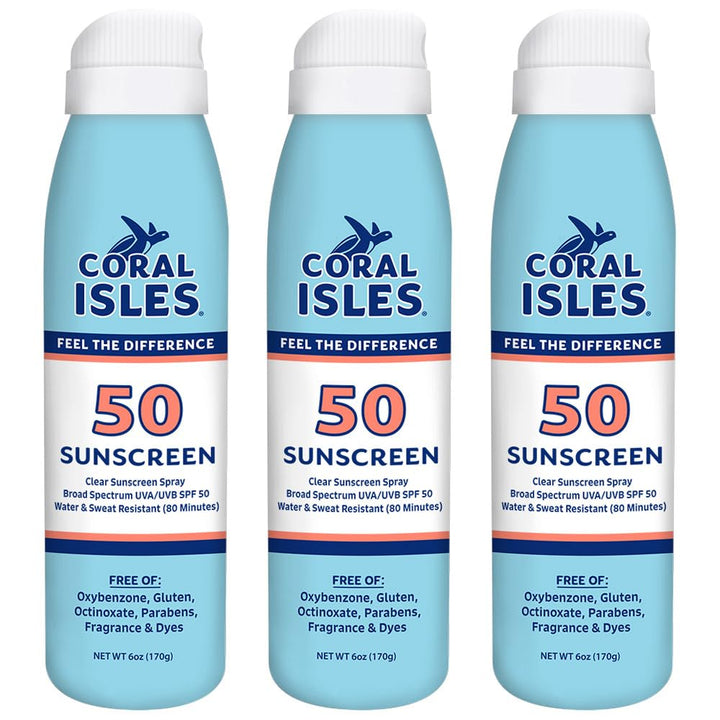 Coral Isles front packaging showing three 6 fl oz bottles and SPF 50 protection