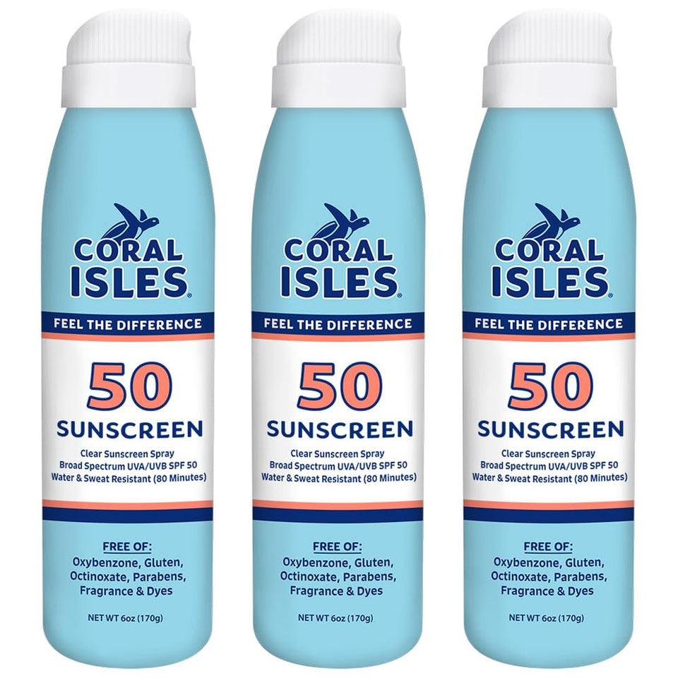 Coral Isles front packaging showing three 6 fl oz bottles and SPF 50 protection