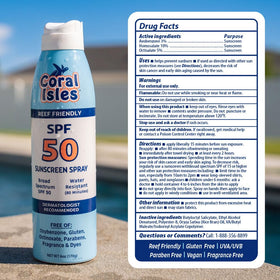 Coral Isles ingredients label highlighting reef-safe oxybenzone-free formula