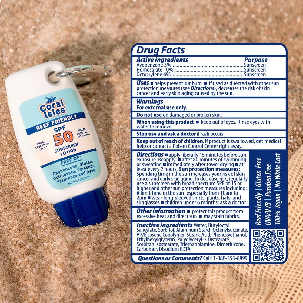 Coral Isles label close-up showing reef-safe ingredients and SPF details
