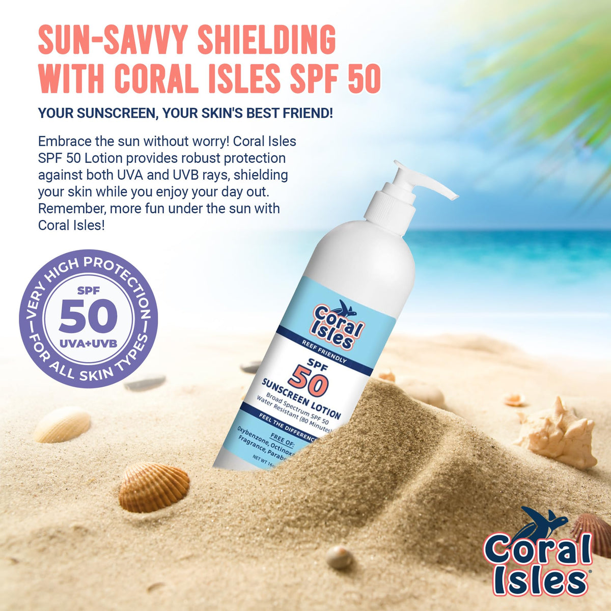 Coral Isles label close-up highlighting Hawaii-compliant reef-safe formula