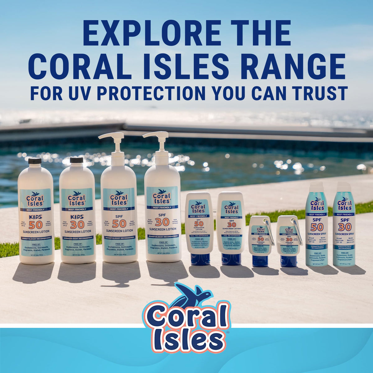 Coral Isles next to a travel bag to show 6 fl oz portable size
