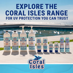 Coral Isles next to a travel bag to show 6 fl oz portable size