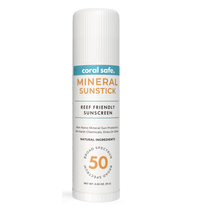 Coral Safe face stick front view showing compact reef-safe design and SPF 50 benefit
