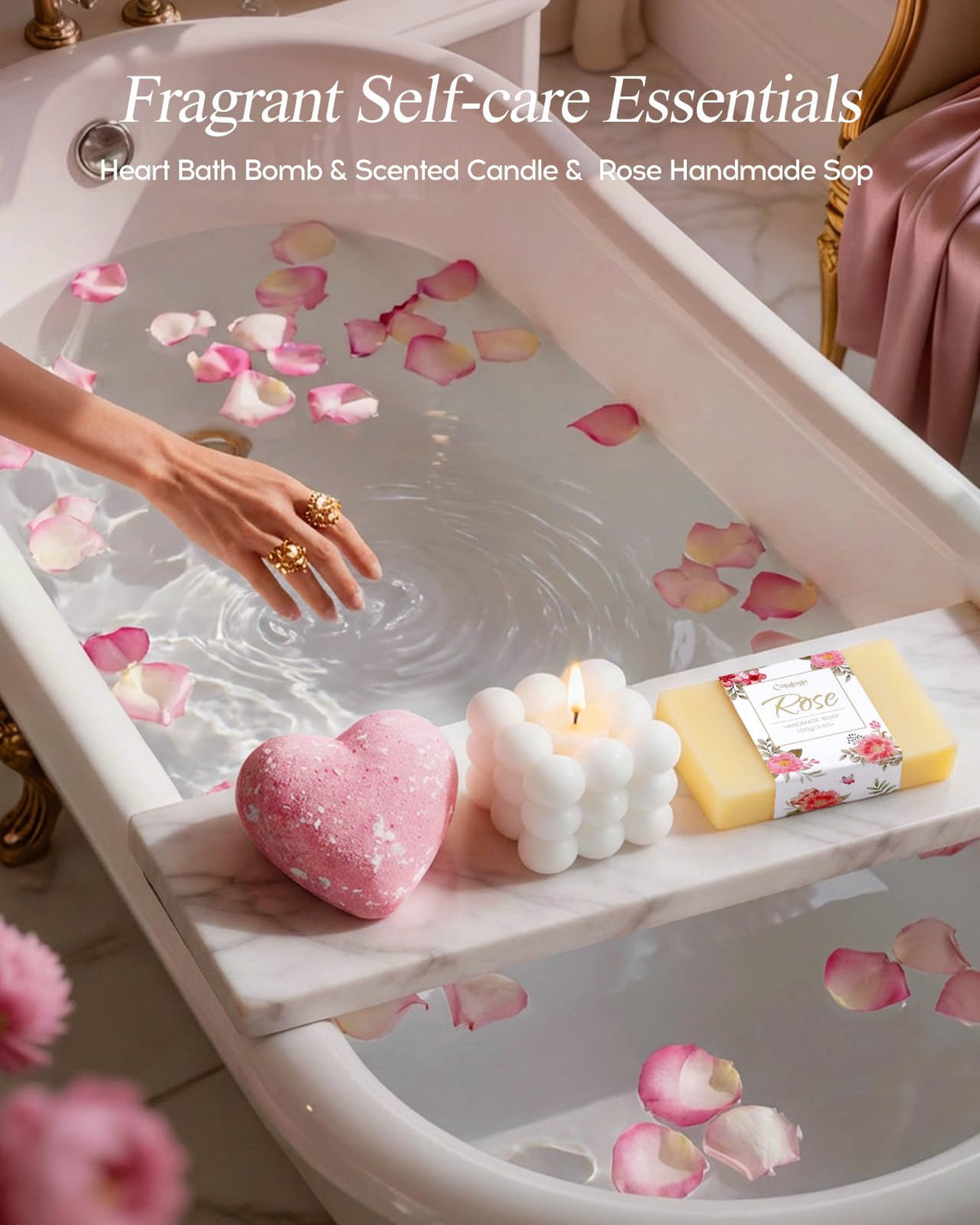 Coralogo handcrafted soap and heart bath bomb detail offering fragrant relaxation