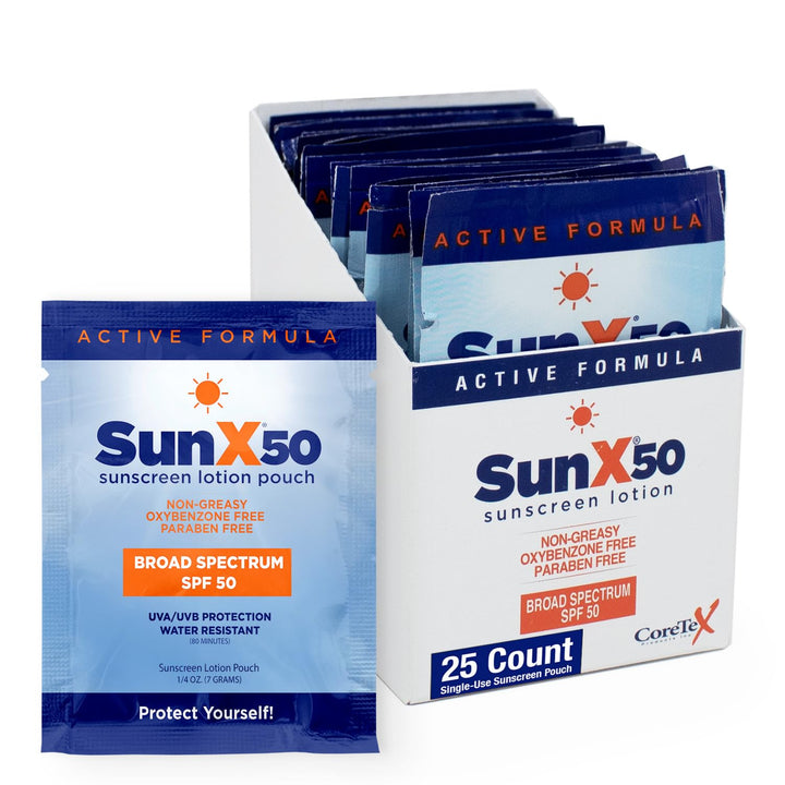 CoreTex Sun X packet front view showing branding and SPF 50 for easy protection