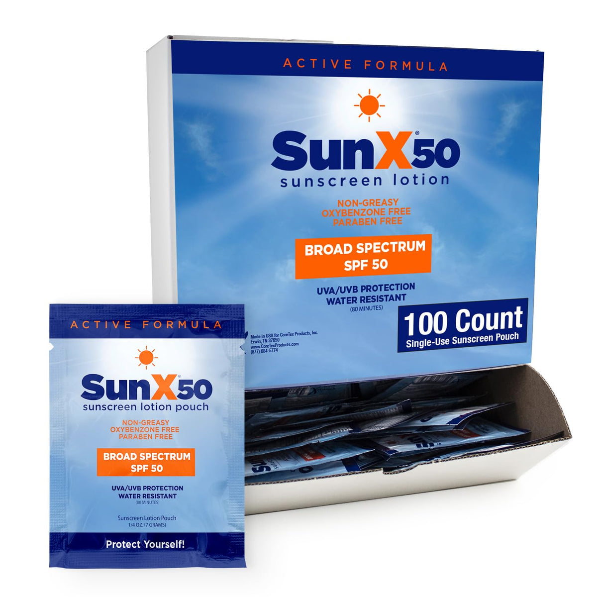 CoreTex Sun X 50 front packet showing branding and SPF for easy identification