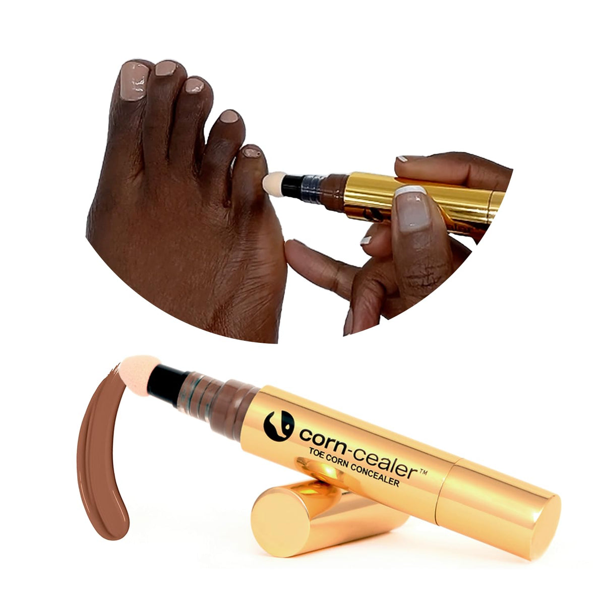 CORN-CEALER front packaging showing shade Nutmeg and compact size, instant coverage