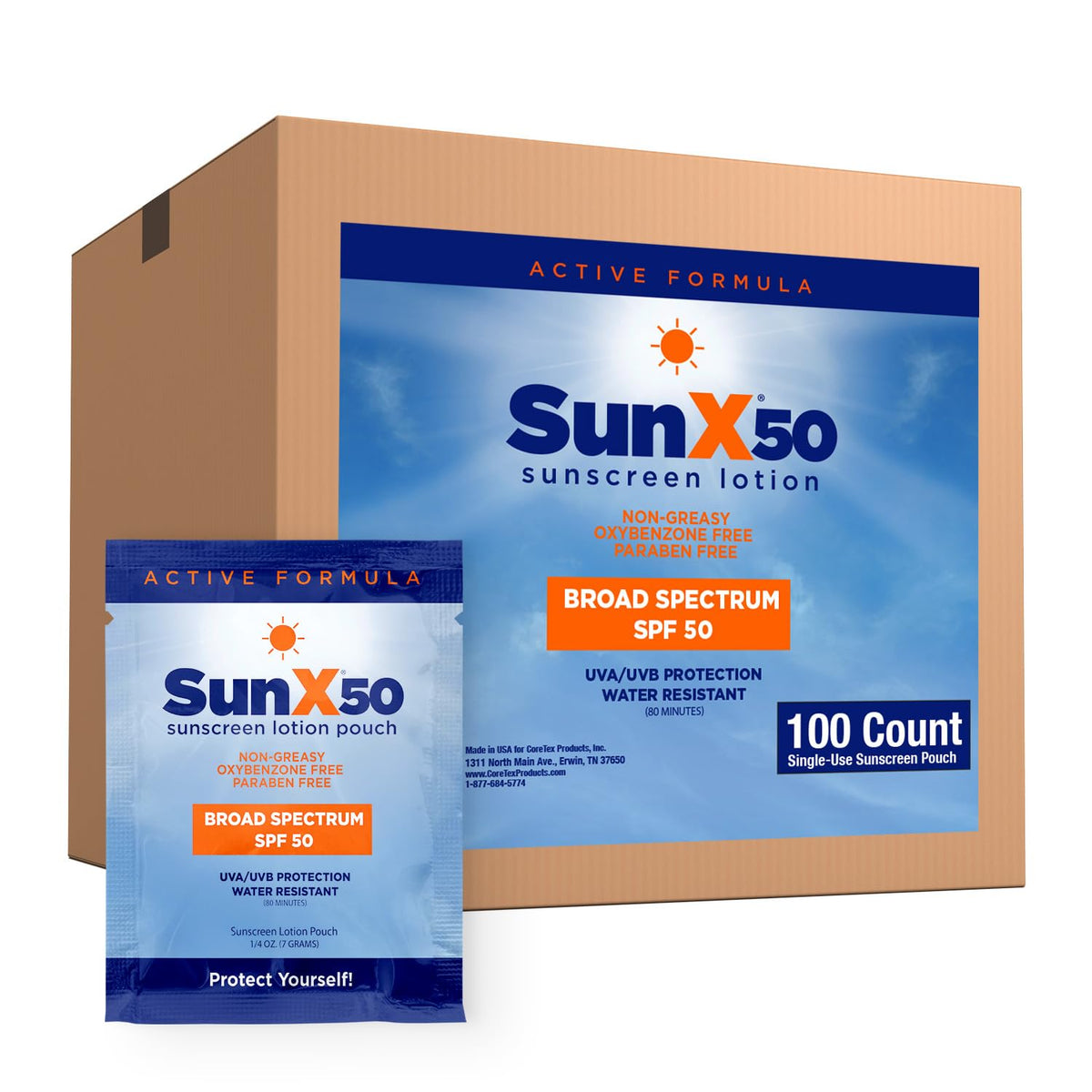CoreTex Sun X 50 front packet showing compact travel-ready sunscreen benefit