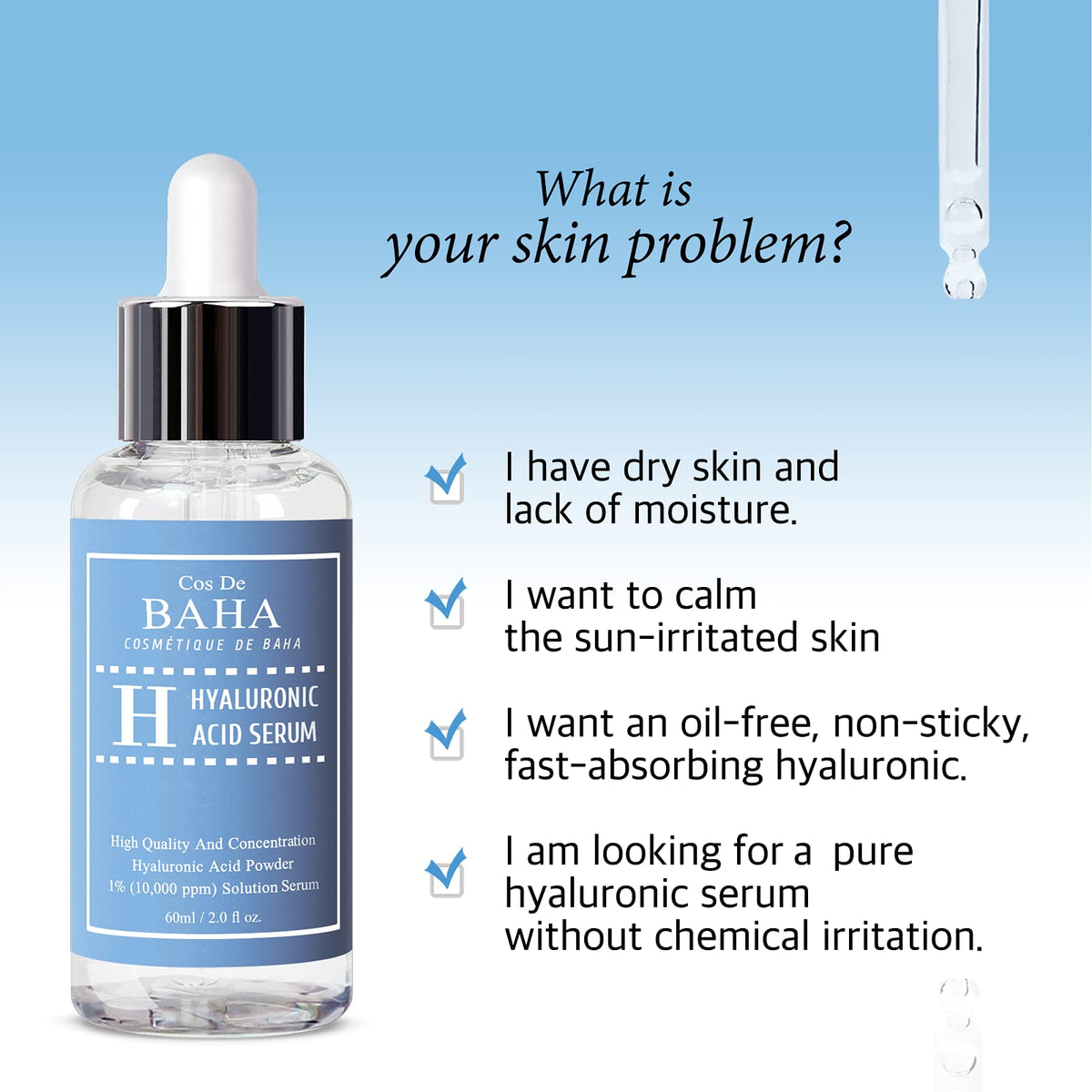 Cos De BAHA close-up label highlighting sodium hyaluronate 10,000 ppm for hydration