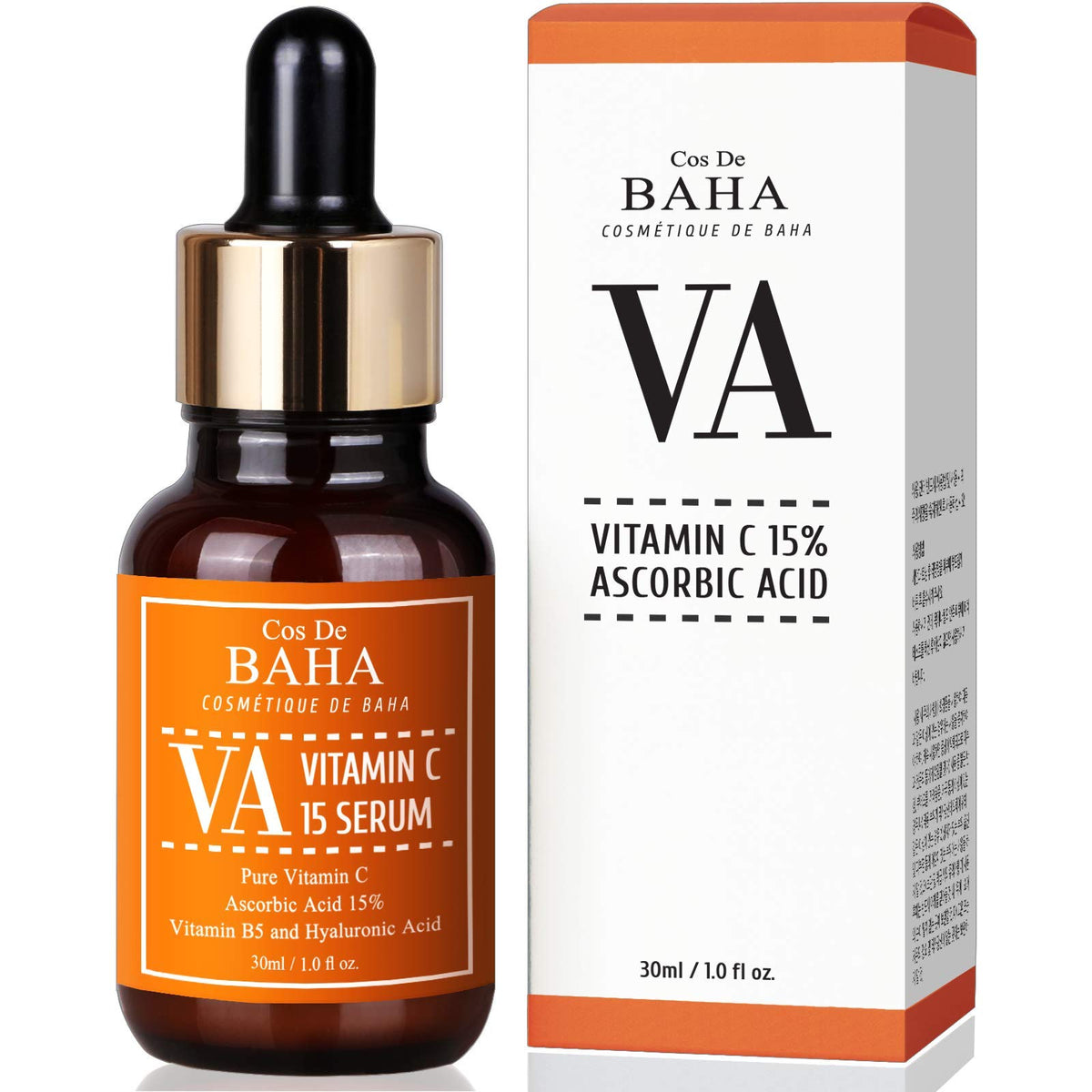 Cos De BAHA front bottle showing label and 15% vitamin C