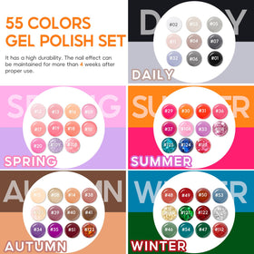 COSCELIA colorful row of 55 gel polishes displaying variety and choice