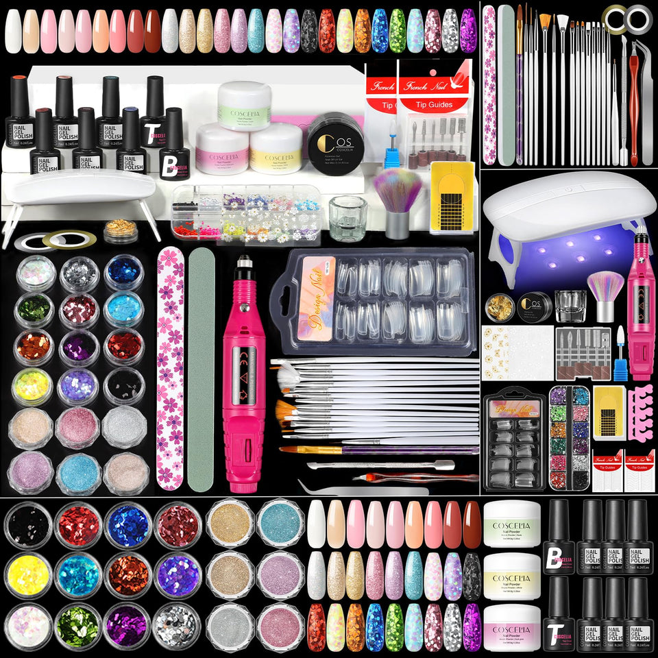 COSCELIA front packaging showing complete beginner acrylic nail kit and convenience