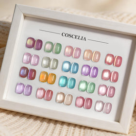 COSCELIA swatch palette layflat showing 20 vibrant spring and summer shades
