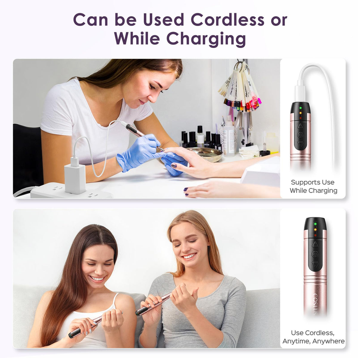 COSLUS drill in use on acrylic nail illustrating smooth, professional finish