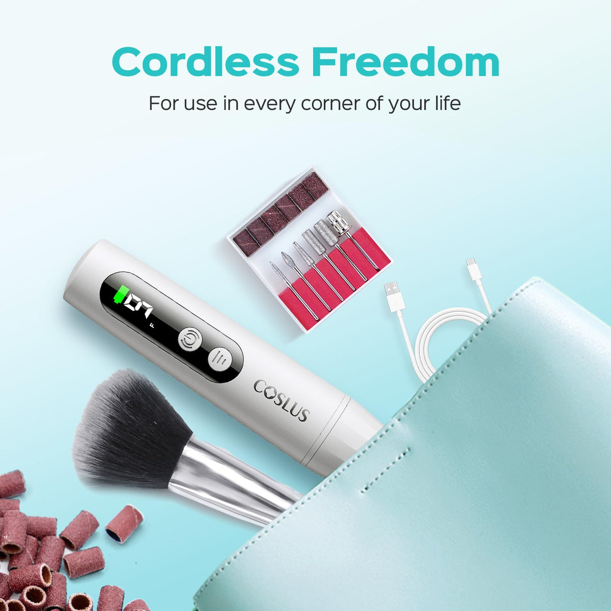 COSLUS C52 lifestyle travel shot showing cordless freedom for on-the-go nail care