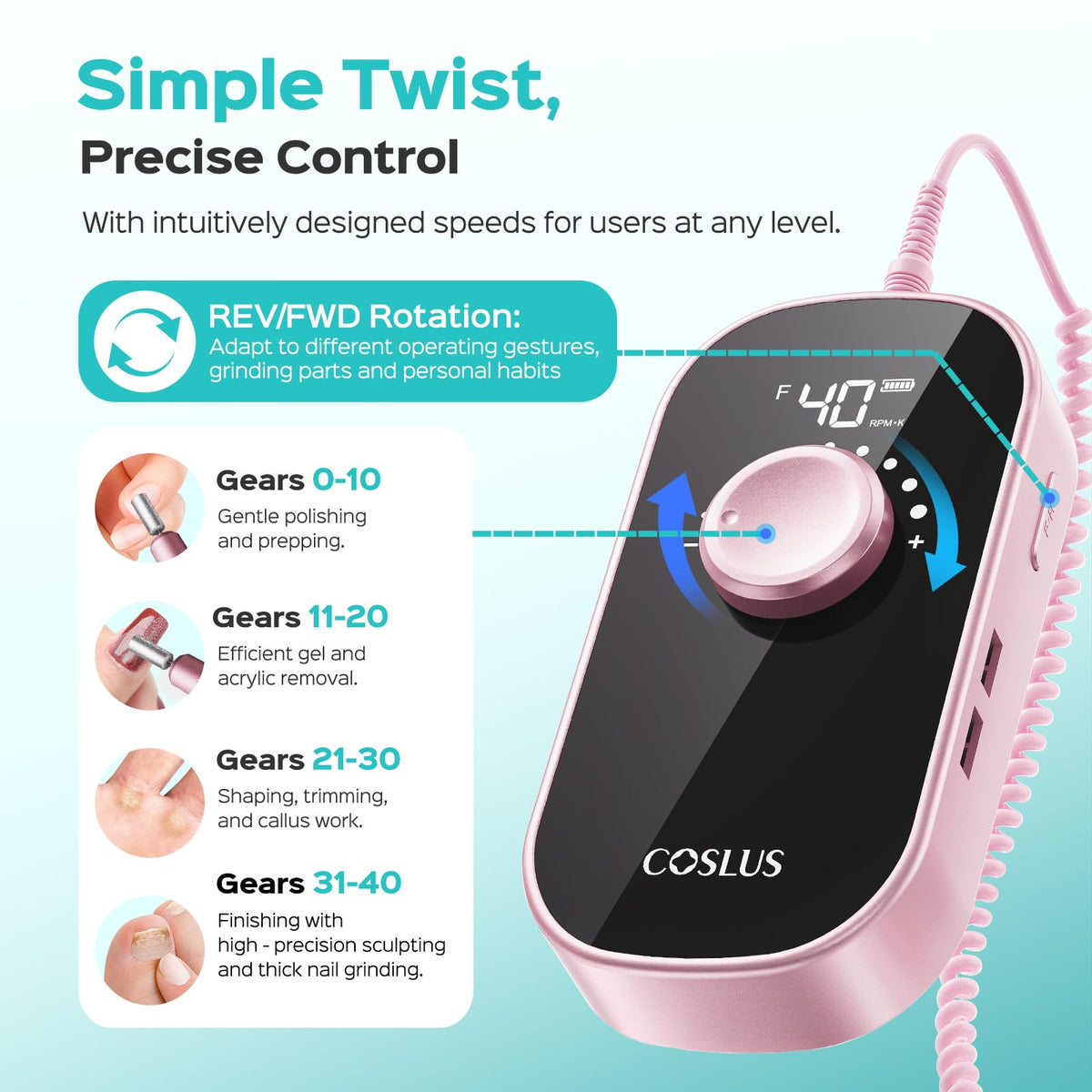 COSLUS E51 in use on nails showing efficient shaping and safe gel removal benefit