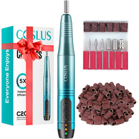 COSLUS front view of blue C20 cordless nail drill showing compact design and portability