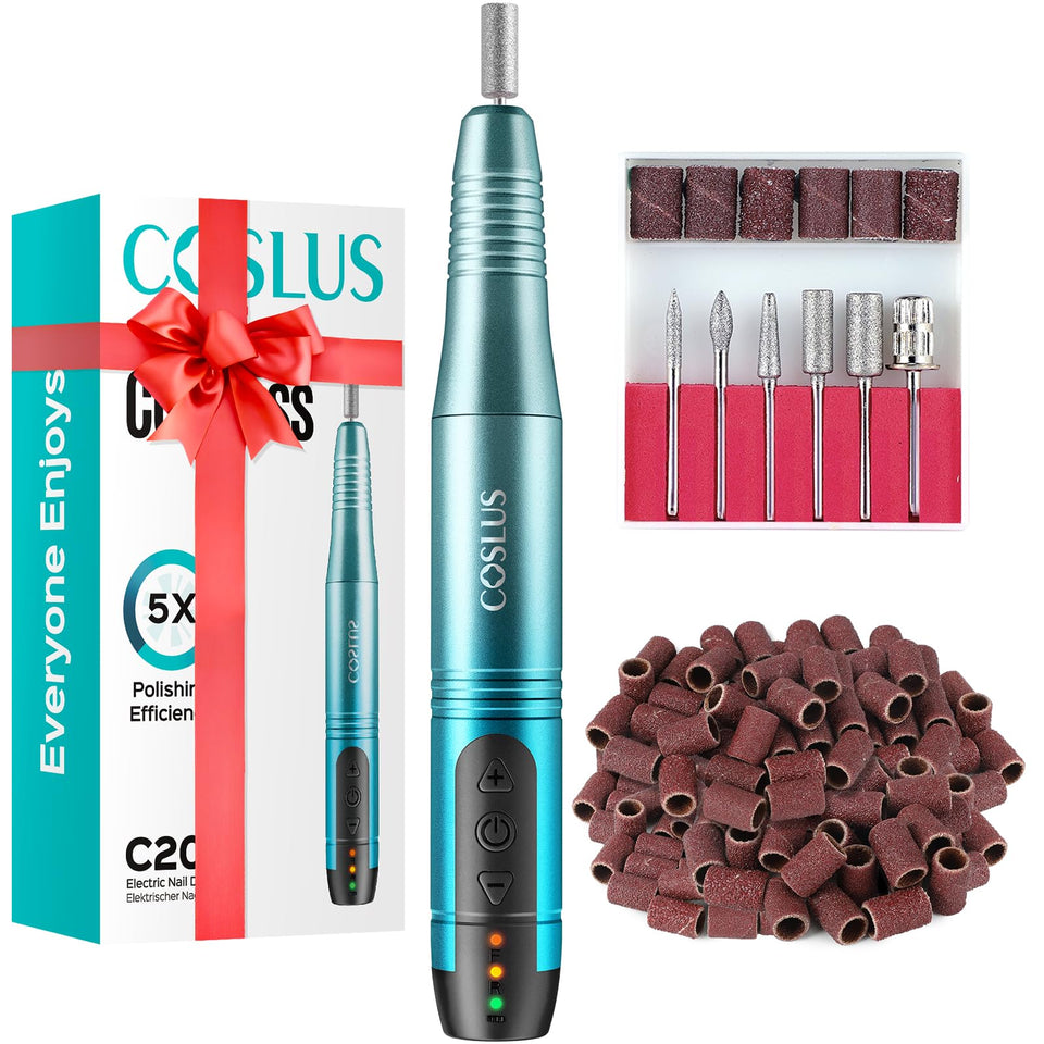 COSLUS front view of blue C20 cordless nail drill showing compact design and portability