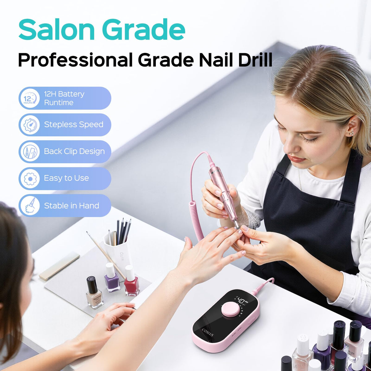 COSLUS in use during a home manicure demonstrating smooth, low-vibration filing