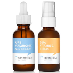 Cosmedica Skincare front packaging set showing both serum bottles and benefits