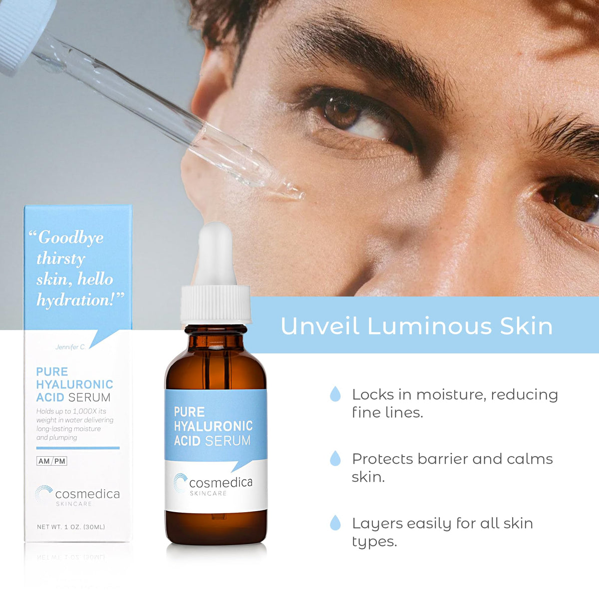 Hand holding Cosmedica serums to show product scale and travel-friendly size