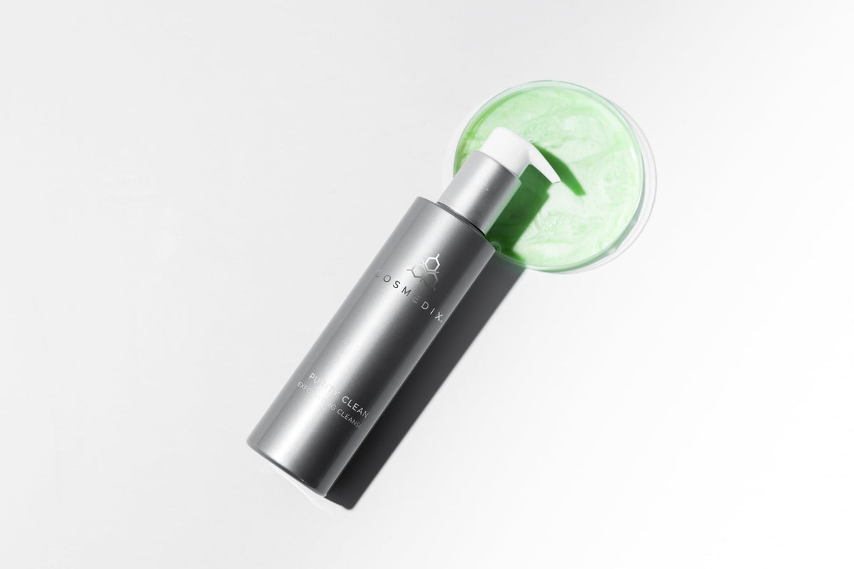 COSMEDIX on bathroom shelf in lifestyle setting, promotes daily routine ease