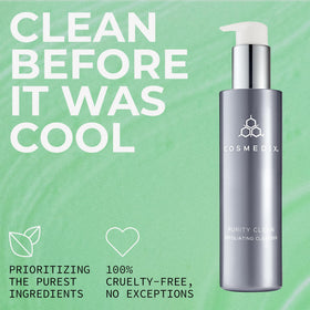 COSMEDIX mask applied to cheek, shows gentle exfoliation and radiance benefit