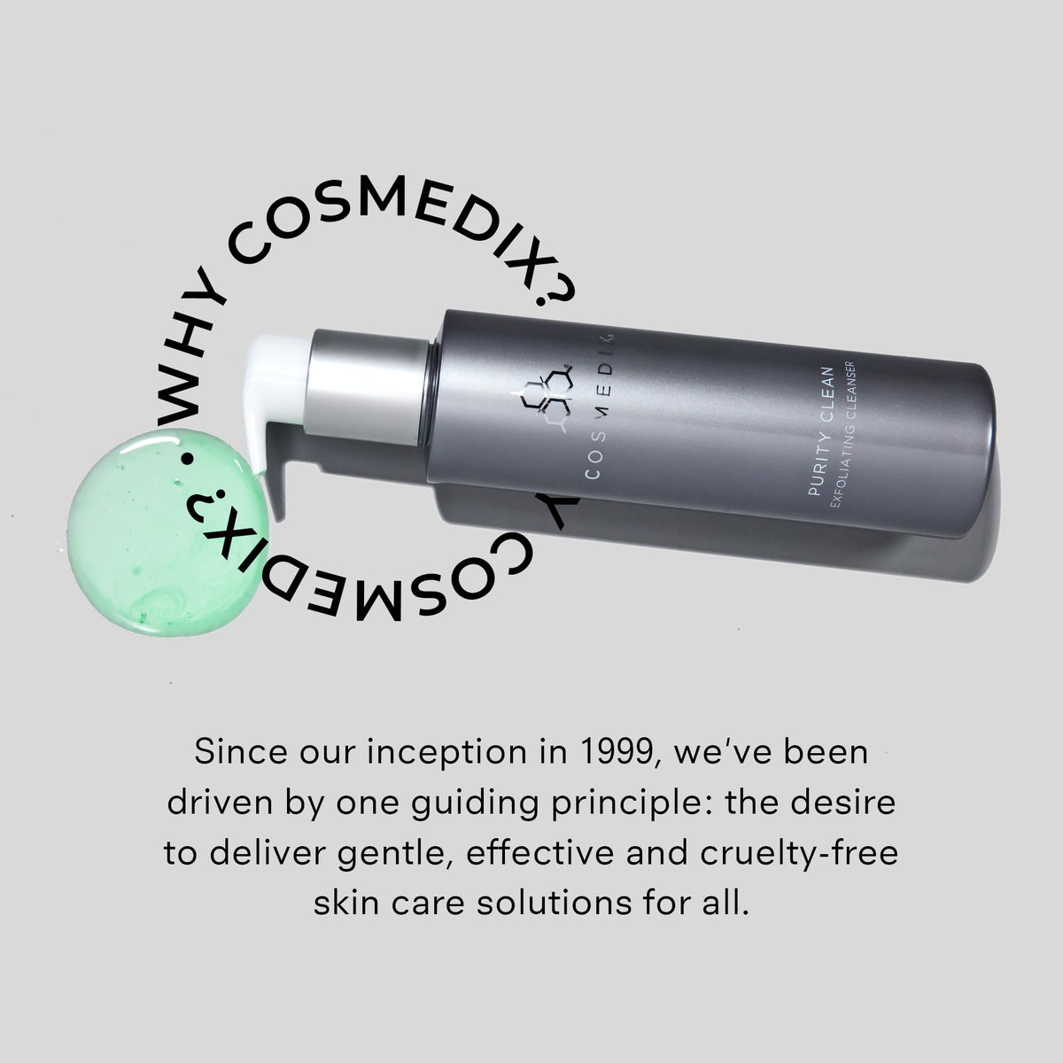 COSMEDIX 150 ml bottle next to everyday items, conveys true size and convenience