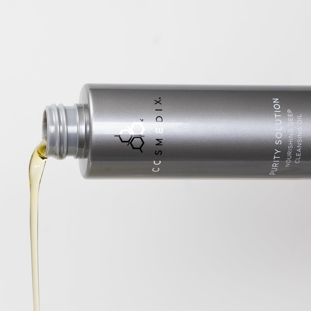 COSMEDIX bottle styled on bathroom vanity conveying daily routine convenience and luxury