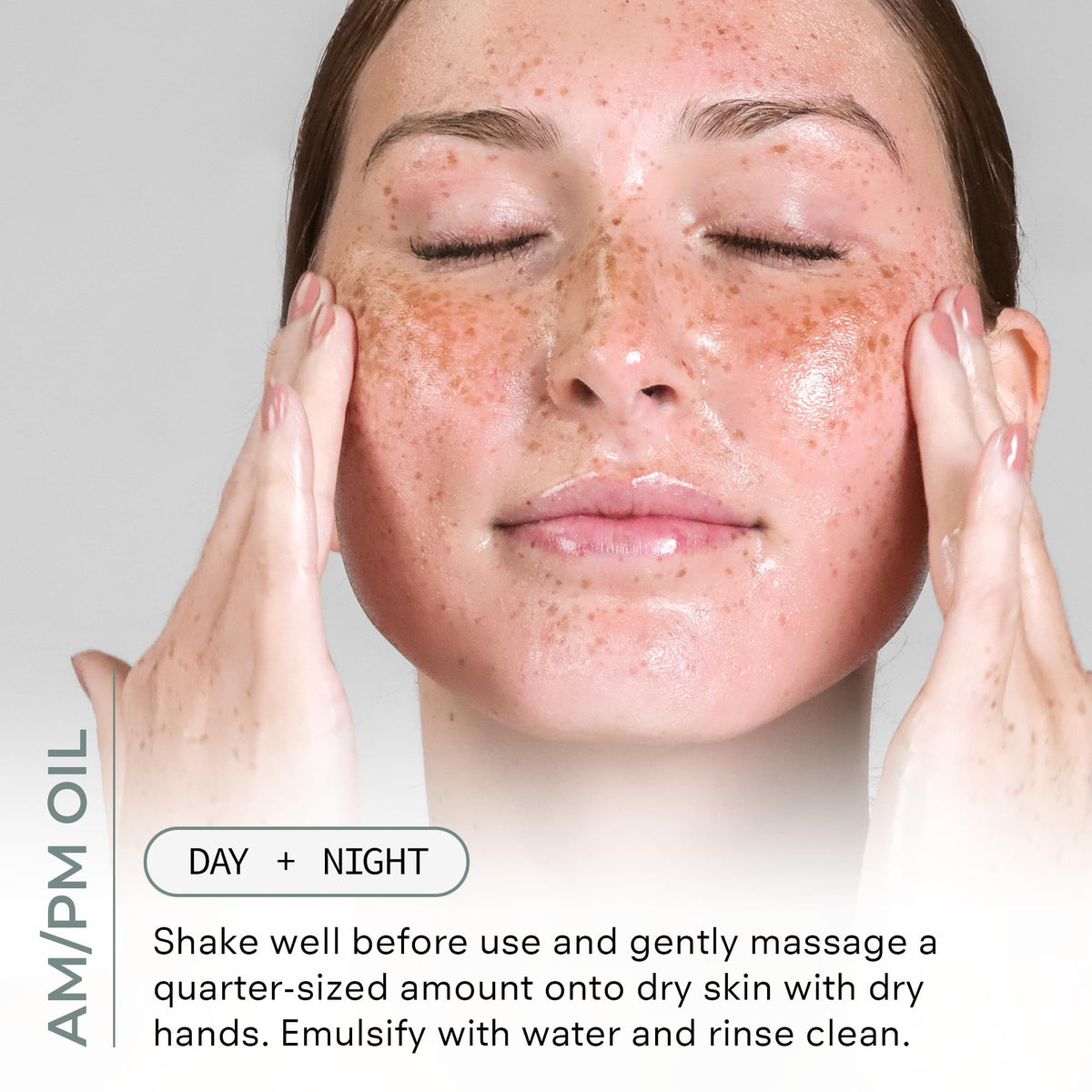 COSMEDIX cleansing oil being massaged onto cheek to lift makeup and impurities effectively