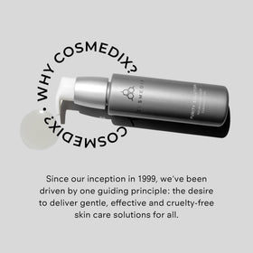 COSMEDIX bottle next to a ruler showing 100 ml scale for accurate size perception
