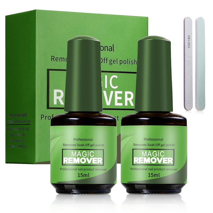 COSMOO front view of two 15ml bottles showing clear remover and quick use benefit