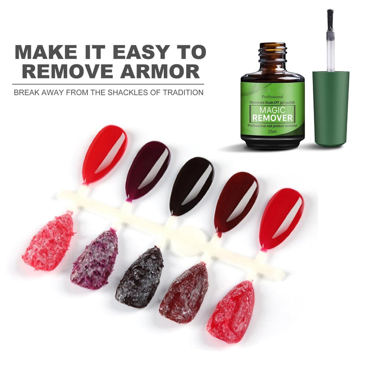 COSMOO remover in use on nails showing quick lift of gel polish benefit