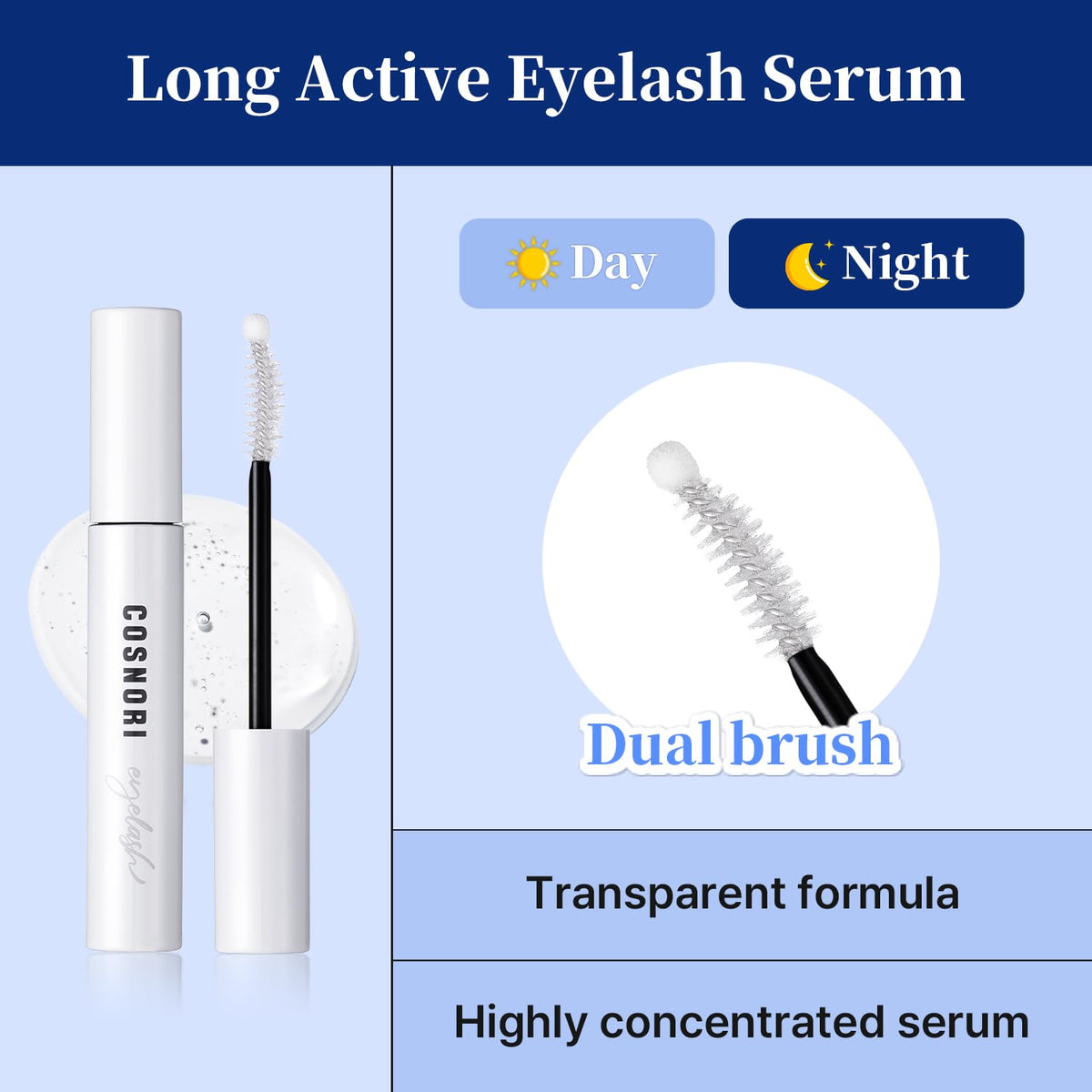 COSNORI before and after comparison illustrating fuller-looking lashes