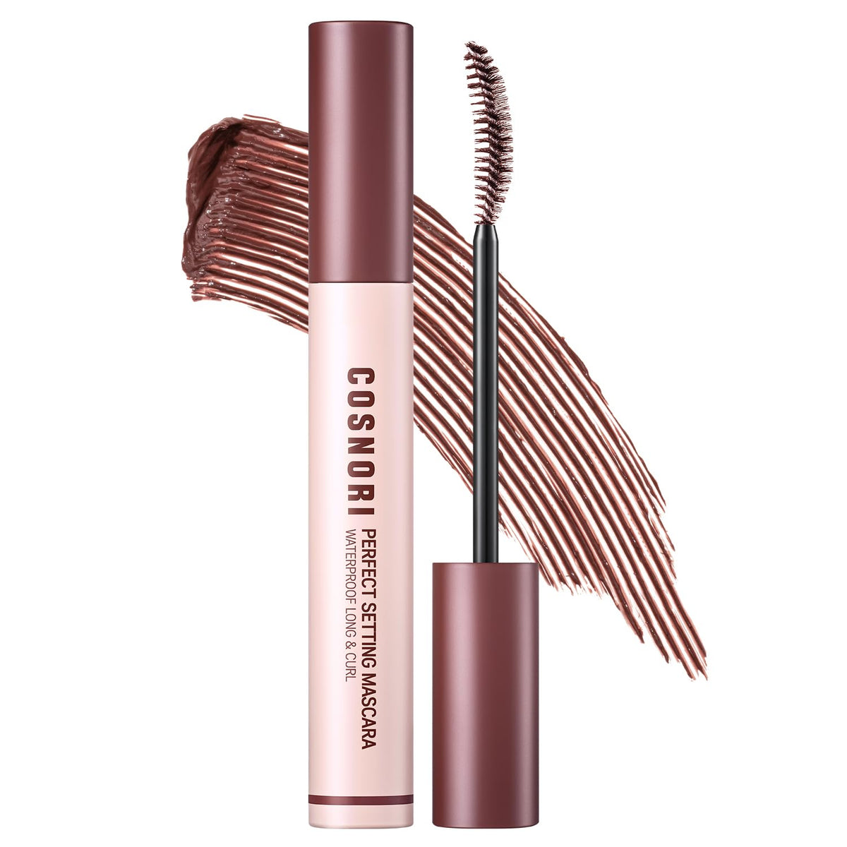 COSNORI mascara front packaging showing rosy brown shade and long-wear benefit