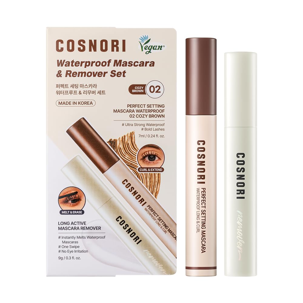 COSNORI front packaging showing Cozy Brown mascara set for all-day wear