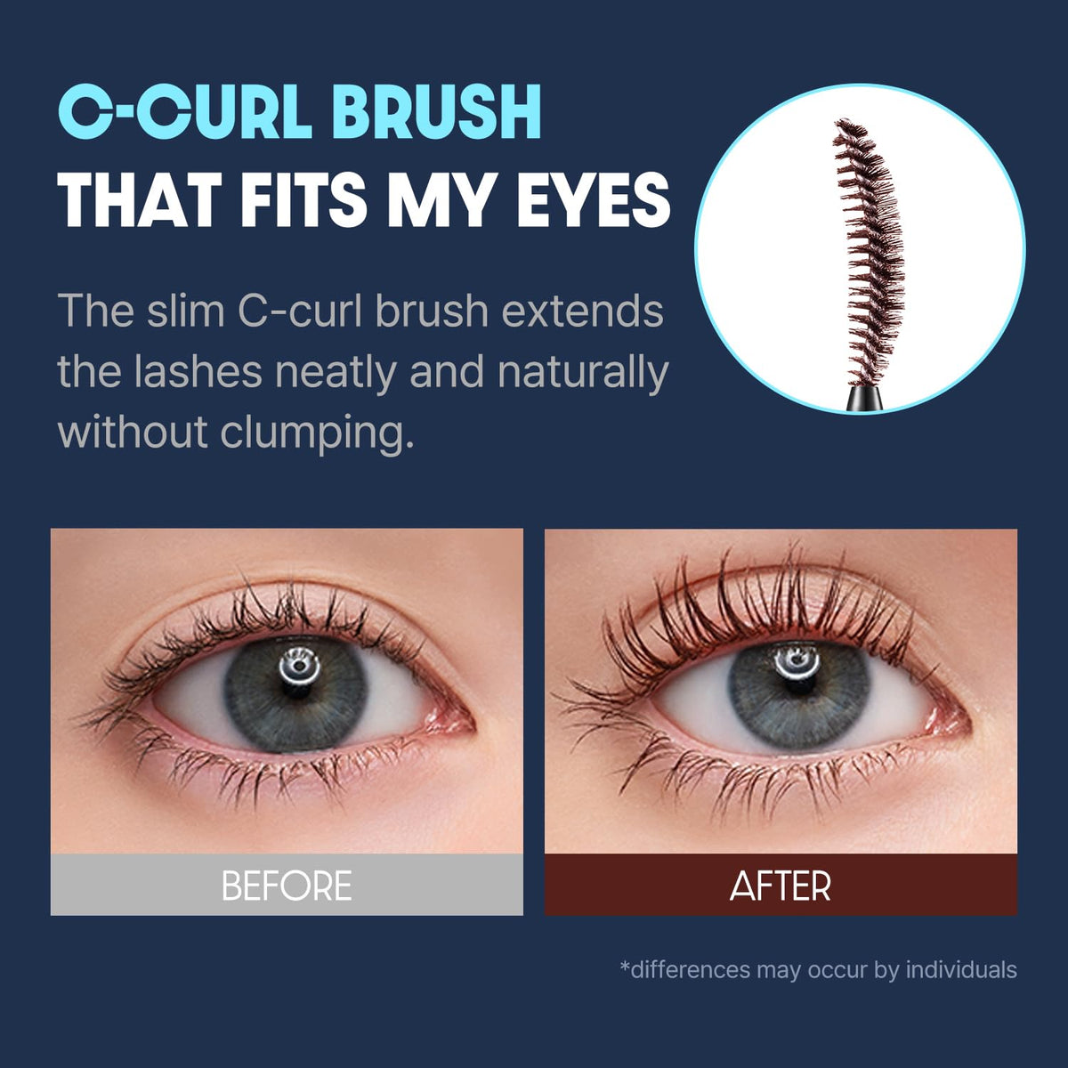 COSNORI mascara on model with green eyes soft brown contrast for flattering look benefit