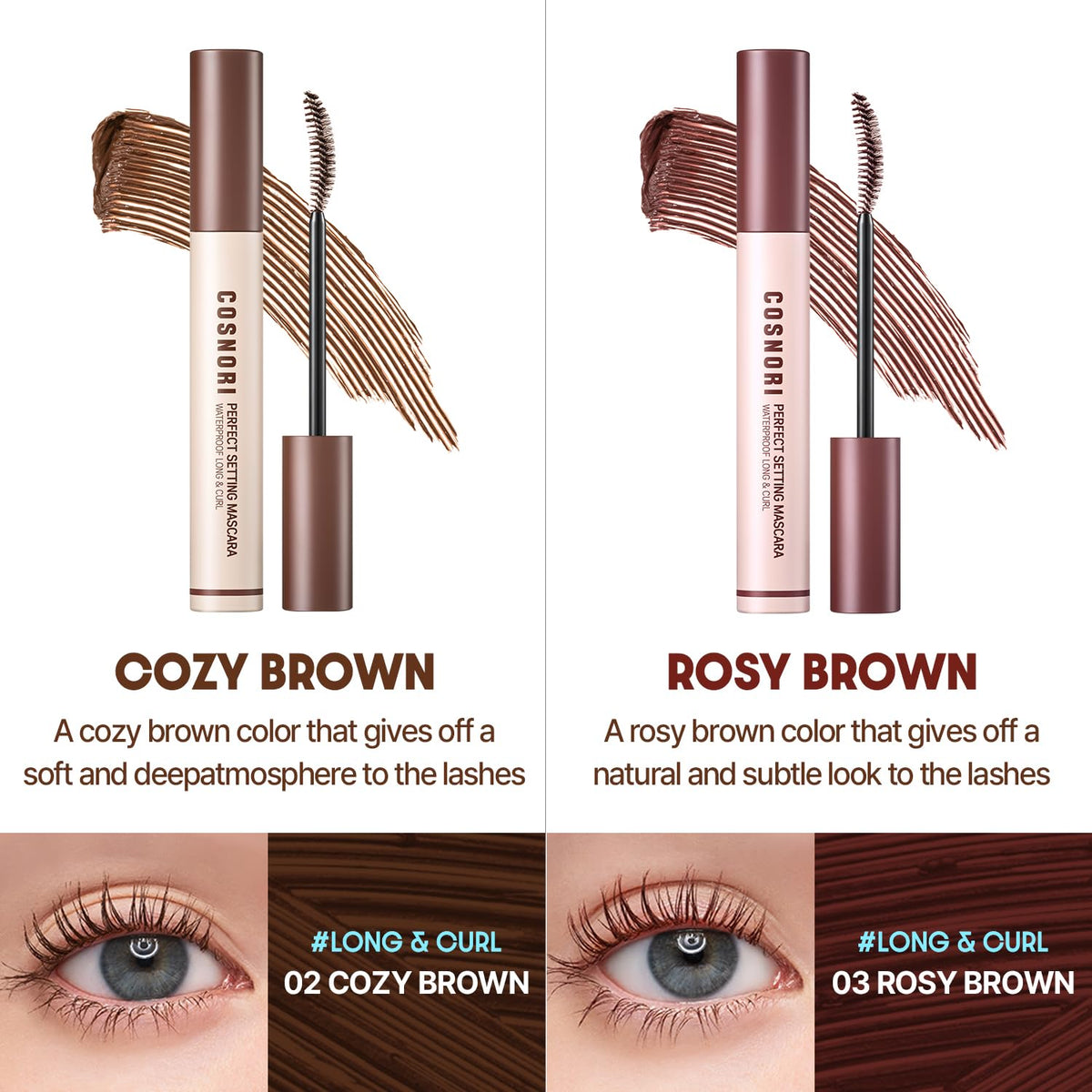 COSNORI mascara tube label details highlighting waterproof and nourishing ingredients