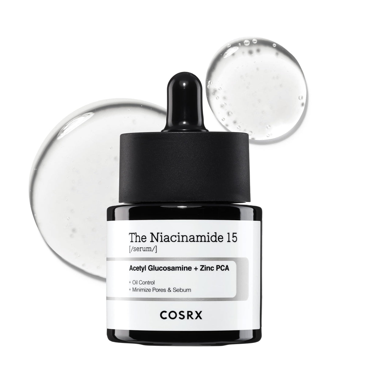 COSRX front packaging of 15% Niacinamide serum showing bottle and label, clear benefits