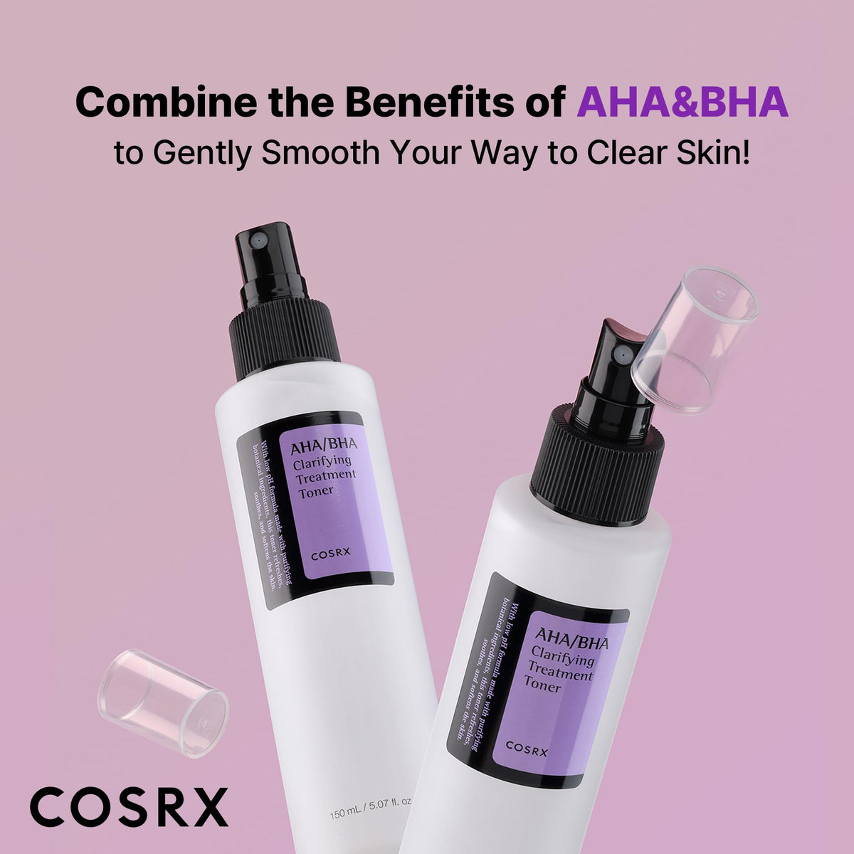 COSRX close-up label highlighting AHA, BHA and botanical waters