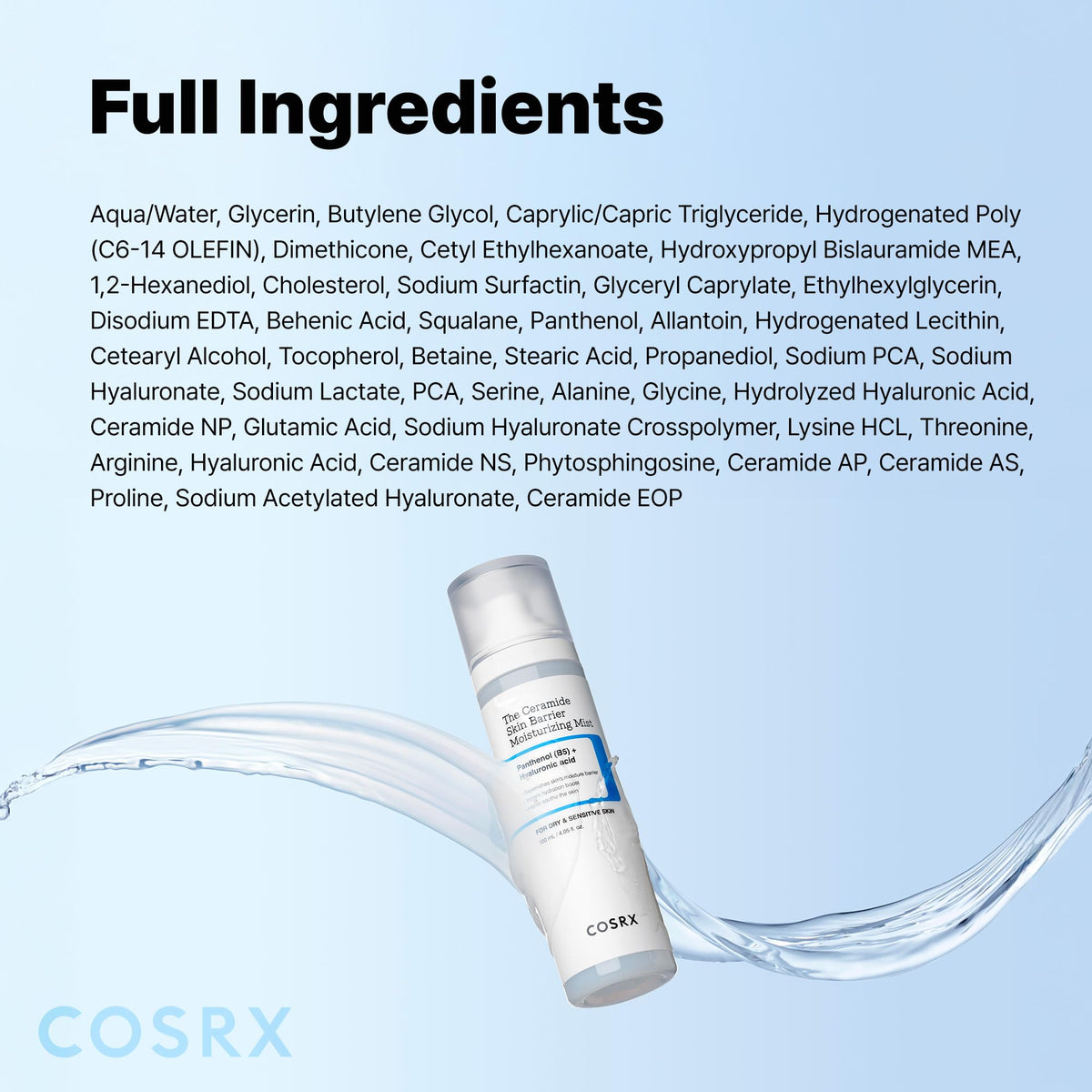 COSRX product label close-up highlighting ceramides and hyaluronic benefits