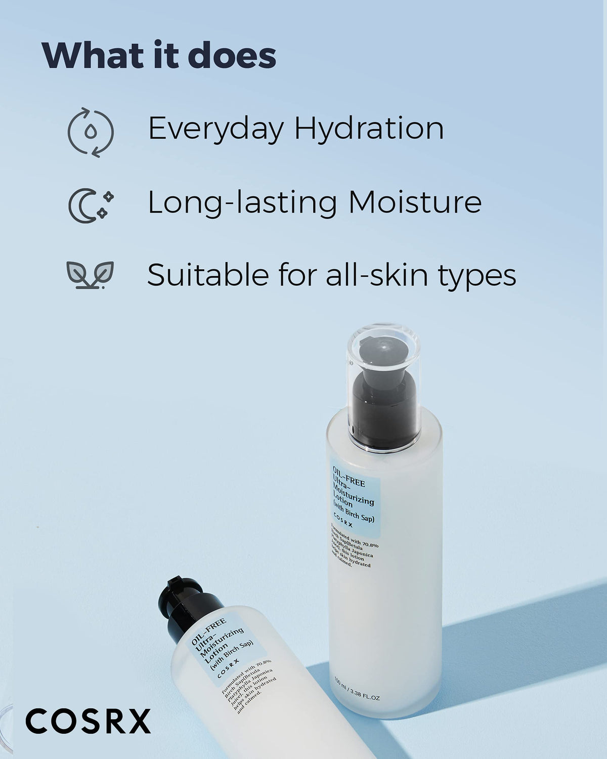 COSRX bottle beside common objects to show 100ml size and travel-friendly scale