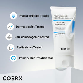 COSRX label close-up showcasing active ceramide-bARRIER complex and claims