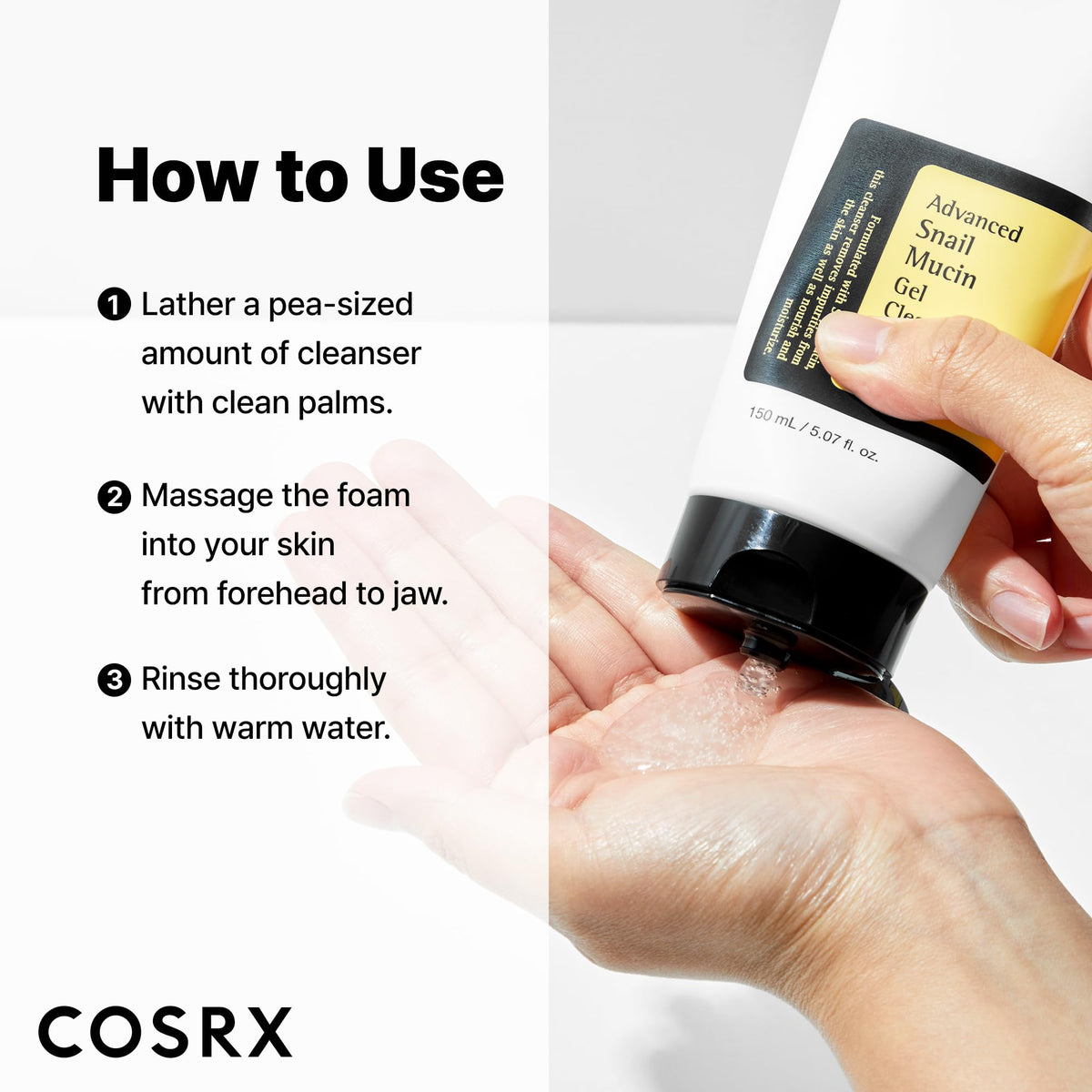 COSRX foam on hand demonstration showing soft lather and gentle cleansing benefit