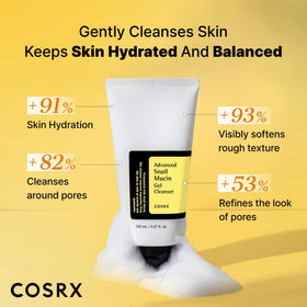 COSRX cleanser dispensed into foam on palm illustrating gentle, effective lather